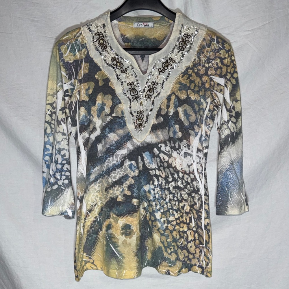 Vintage Y2K Love Amour Women Large Animal‎ Print Sequin V-Neck 3/4 Sleeve Top